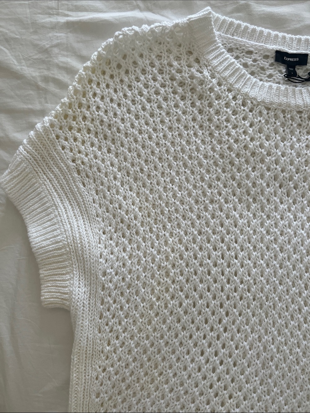 Express White Open-Weave Short Sleeve Crewneck Sweater